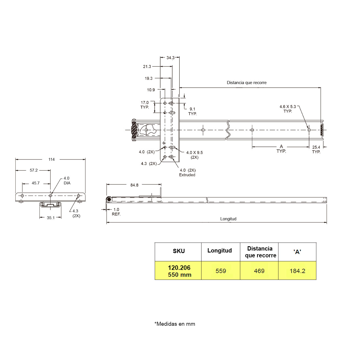 Correderas C117-22DOD de 550mm para puerta vertical insertable, capacidad 11kg.