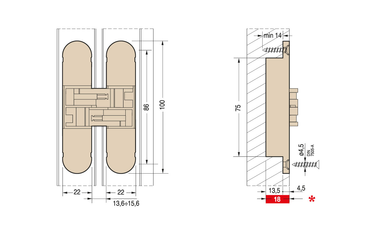 Bisagra oculta URBAN 1229 para puerta de comunicación para capacidad de carga de 22-27kg
