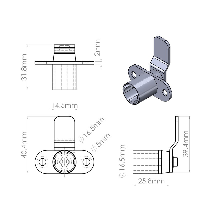 Cilindro CB-098 montaje vertical, profundidad del pestillo 11.9mm, longitud 31.7mm, giro 90º.