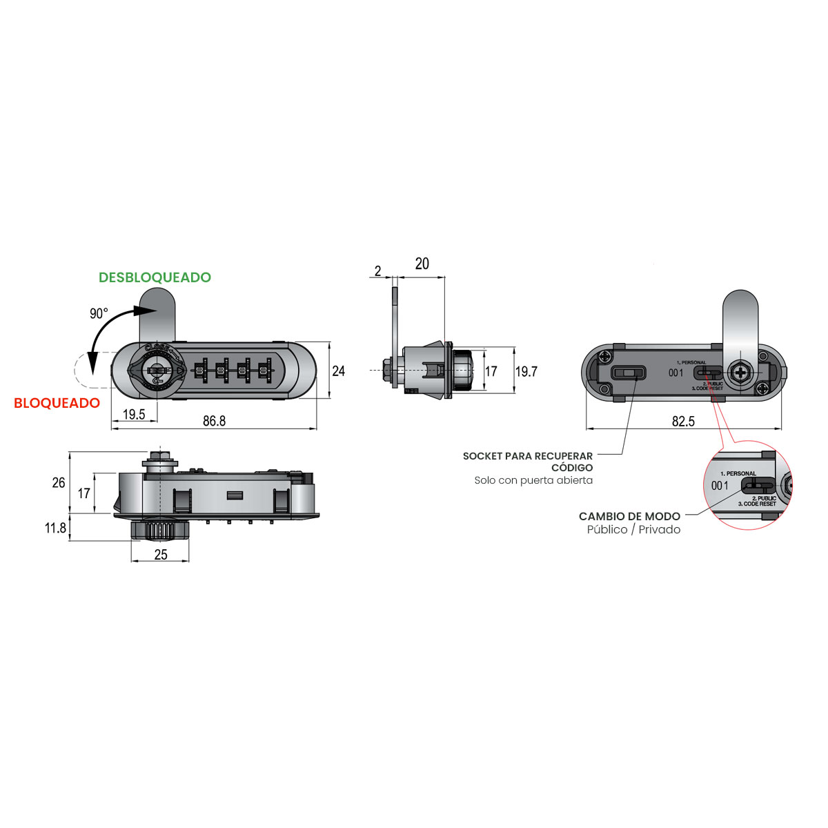 Cerradura horizontal de combinación RIVEN de 4 dígitos, derecha, color negro.