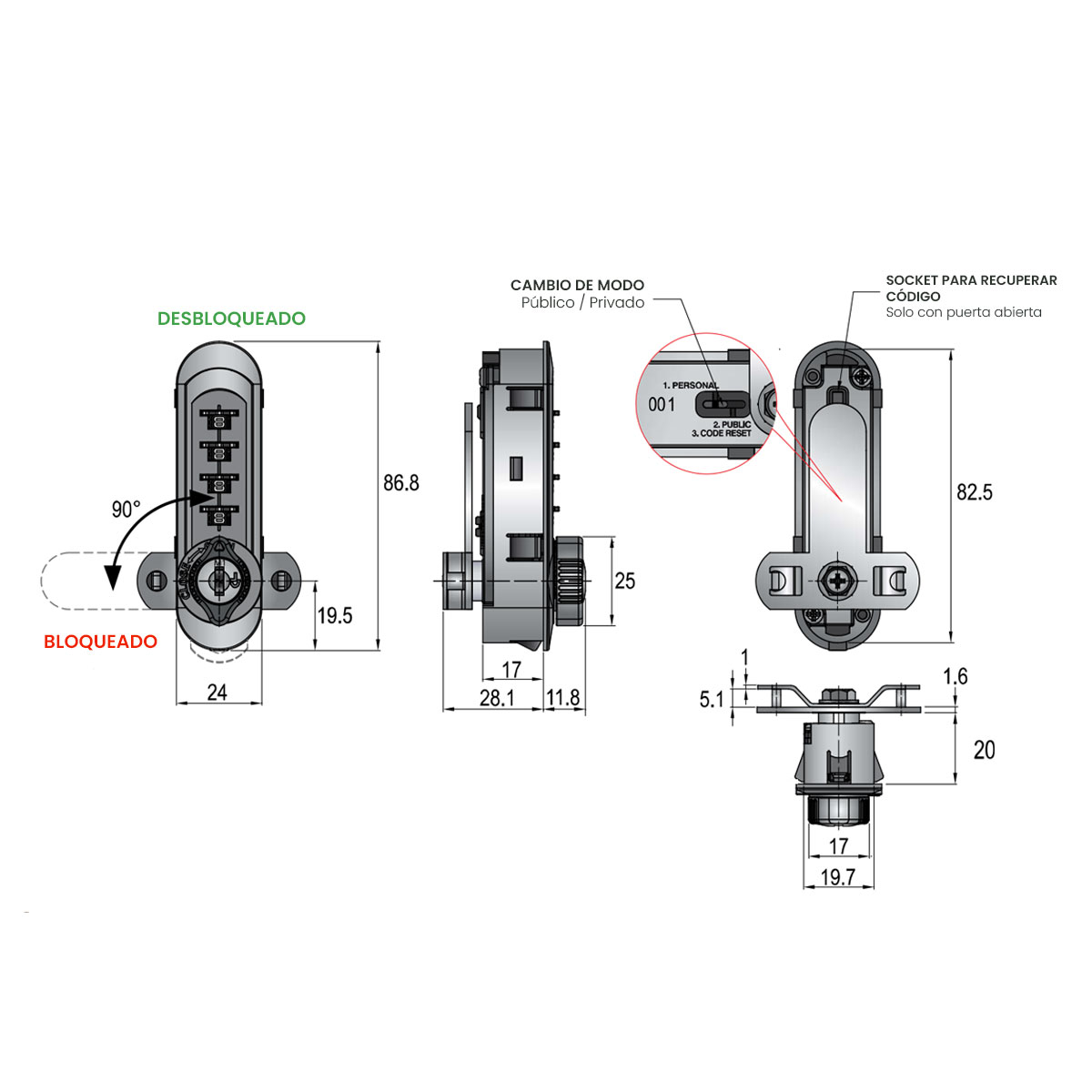 Cerradura RIVEN de combinación para puerta de madera y metal