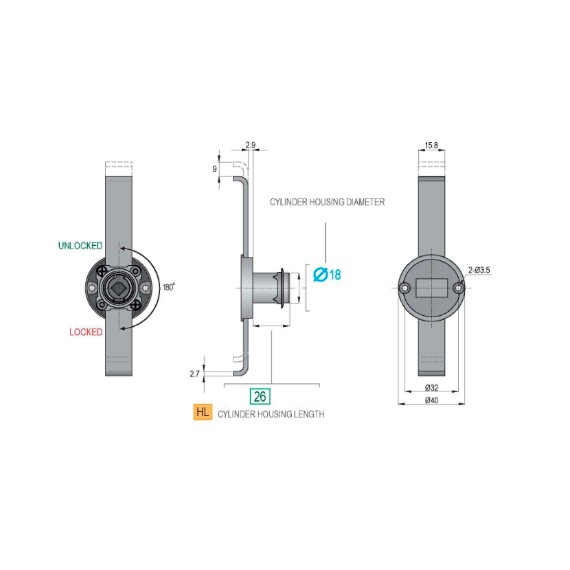 Cerradura para 2 cajones, montaje lateral, acabado níquel