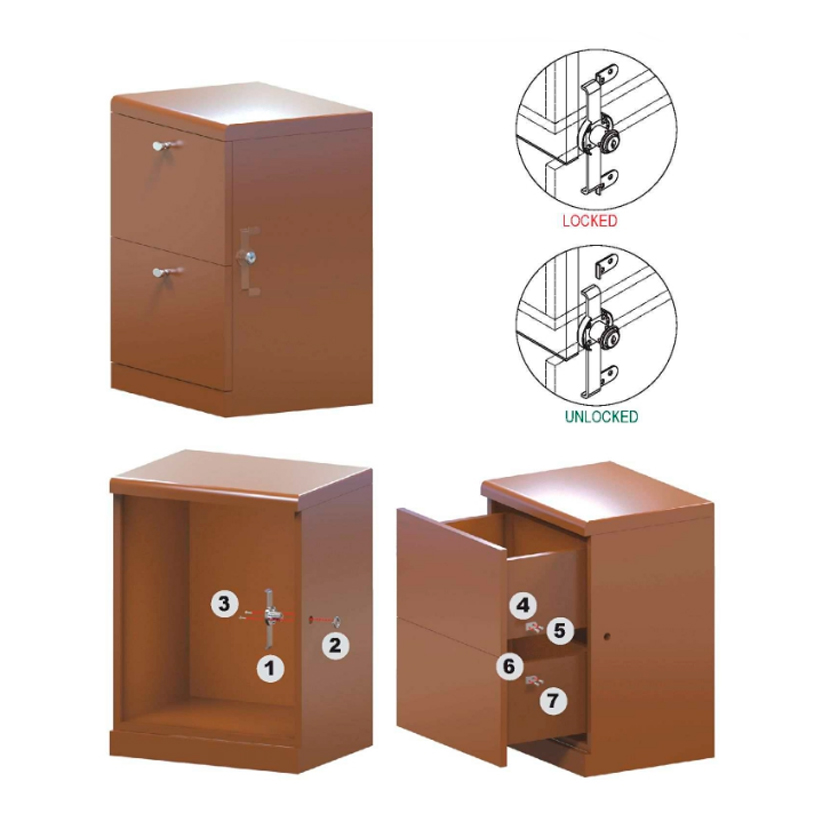 Cerradura para 2 cajones, montaje lateral, acabado níquel