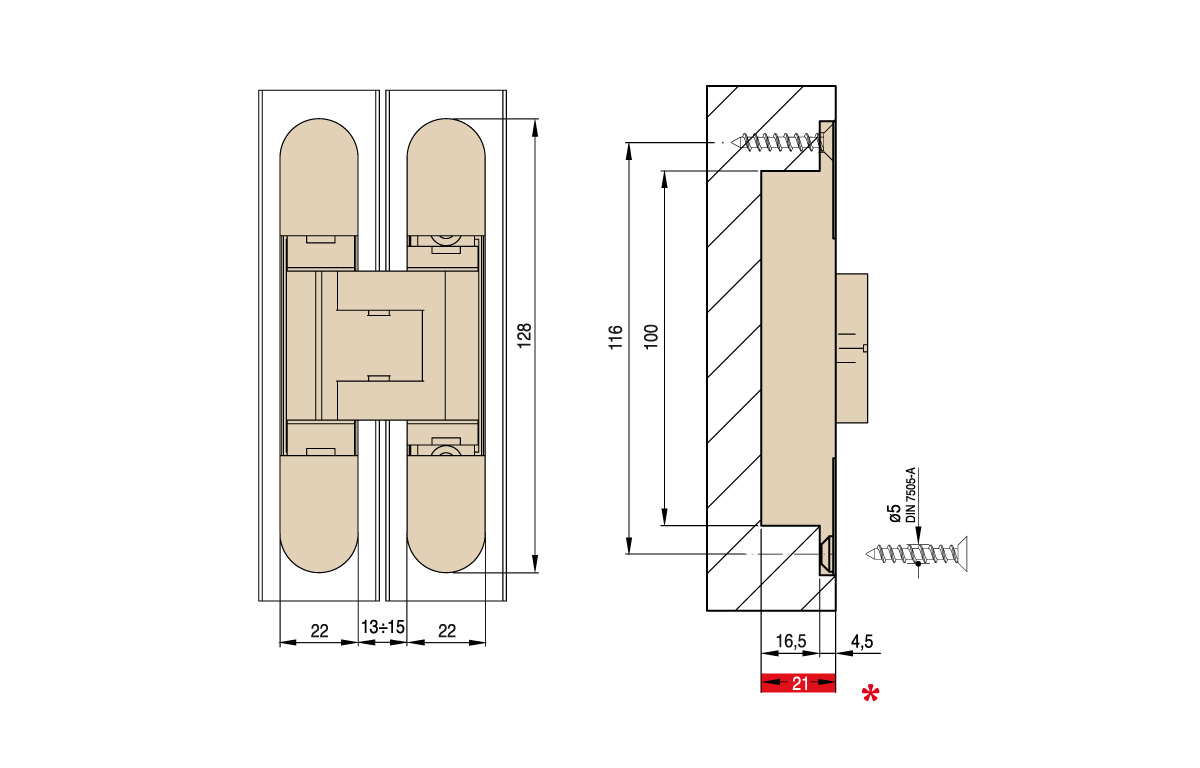 Bisagra oculta URBAN 1430 para puerta de comunicación, capacidad de carga 40 kg por par
