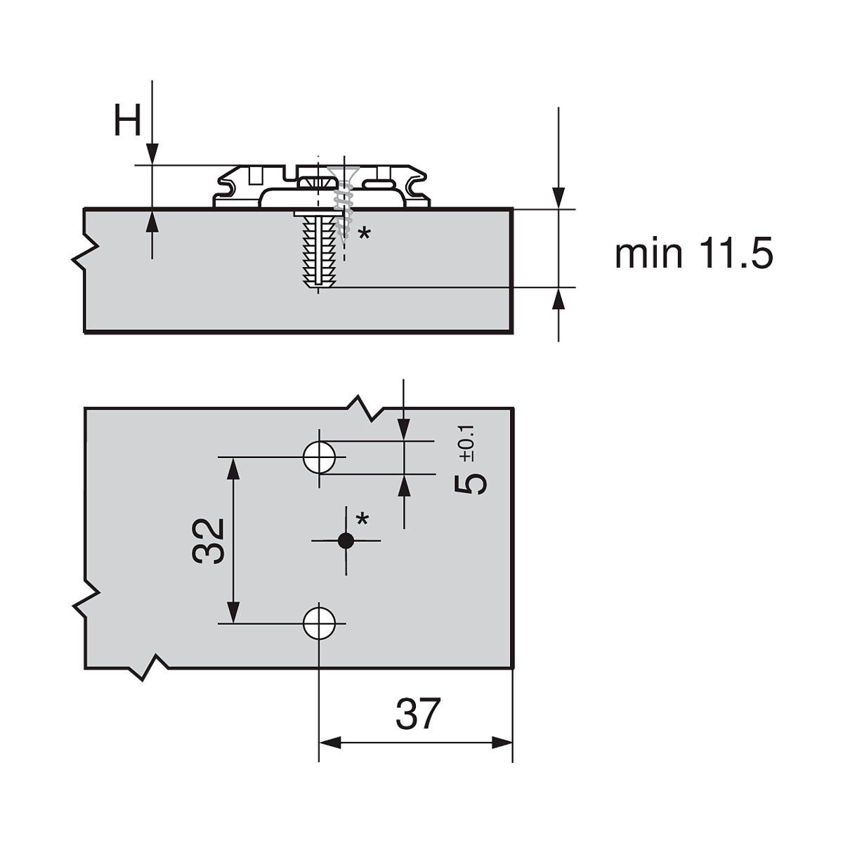 Placa de montaje en cruz para bisagra CLIP, altura 0mm, taquete expansivo de 5mm, ajuste excéntrico