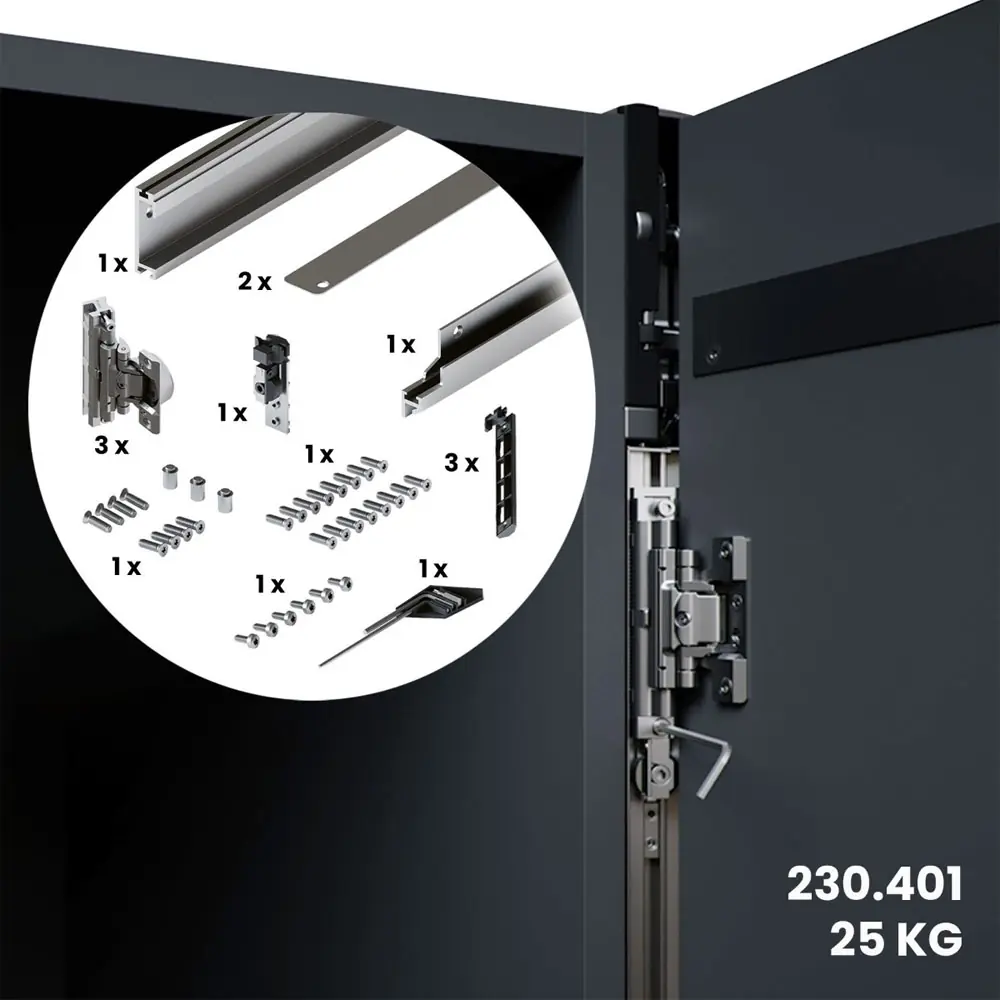 Kit Sistema corredizo CONCEPTA 3 PUSH capacidad de carga 25kg, para puertas de madera abatibles e insertables sin jaladera, derecho