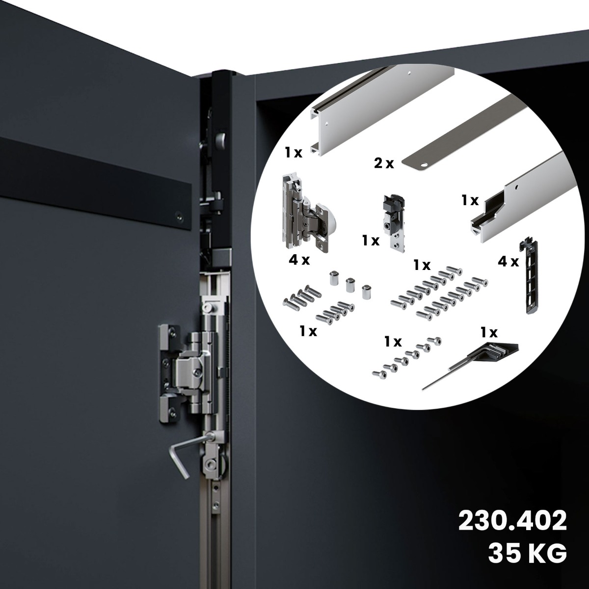 Sistema corredizo CONCEPTA 3 PULL capacidad de carga 35 kg para puertas de madera abatibles e insertables con jaladera