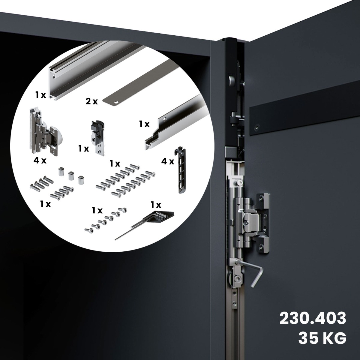 Sistema corredizo CONCEPTA 3 PULL capacidad de carga 35 kg para puertas de madera abatibles e insertables con jaladera