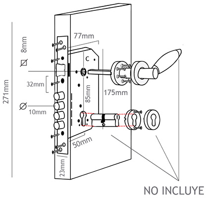 Cerradura para embutir para puerta de entrada, acabado níquel satinado