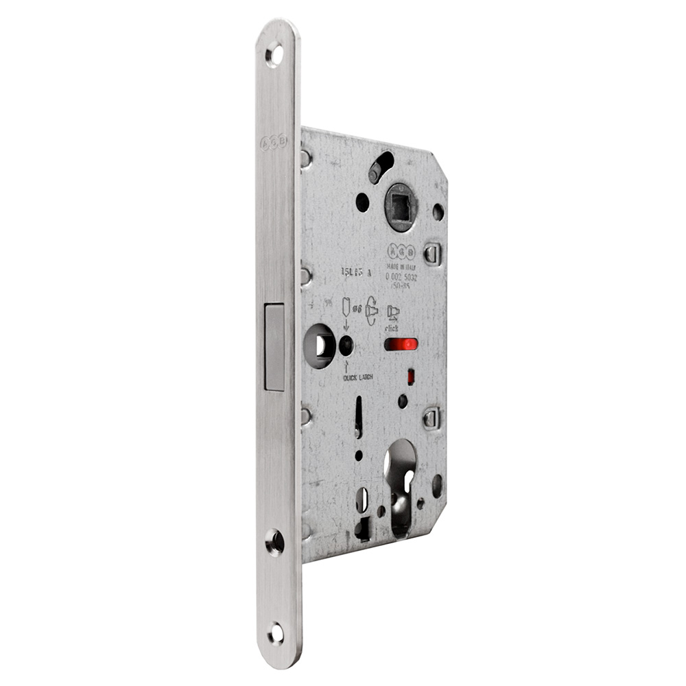 Set de manijas DALLAS y cerradura POLARIS para puerta de recámara, acabado inox mate