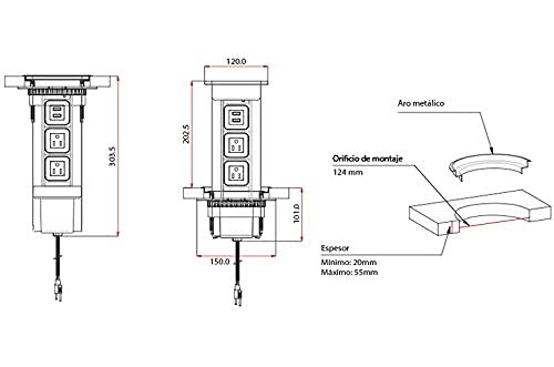 Multicontacto de torre PUSH ELITE, con 2 enchufes, 1 USB dúplex de carga, acabado inox mate