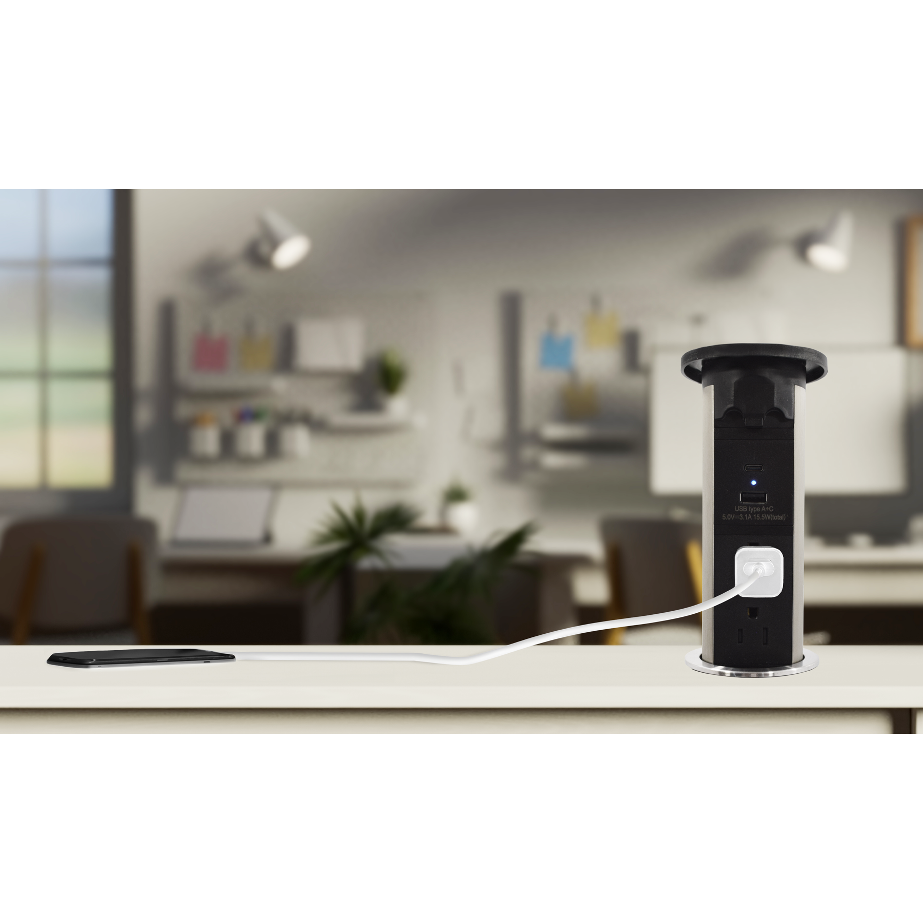 Multicontacto de torre motorizado TA 60, 2 sockets, 2 puertos USB A+C, color negro