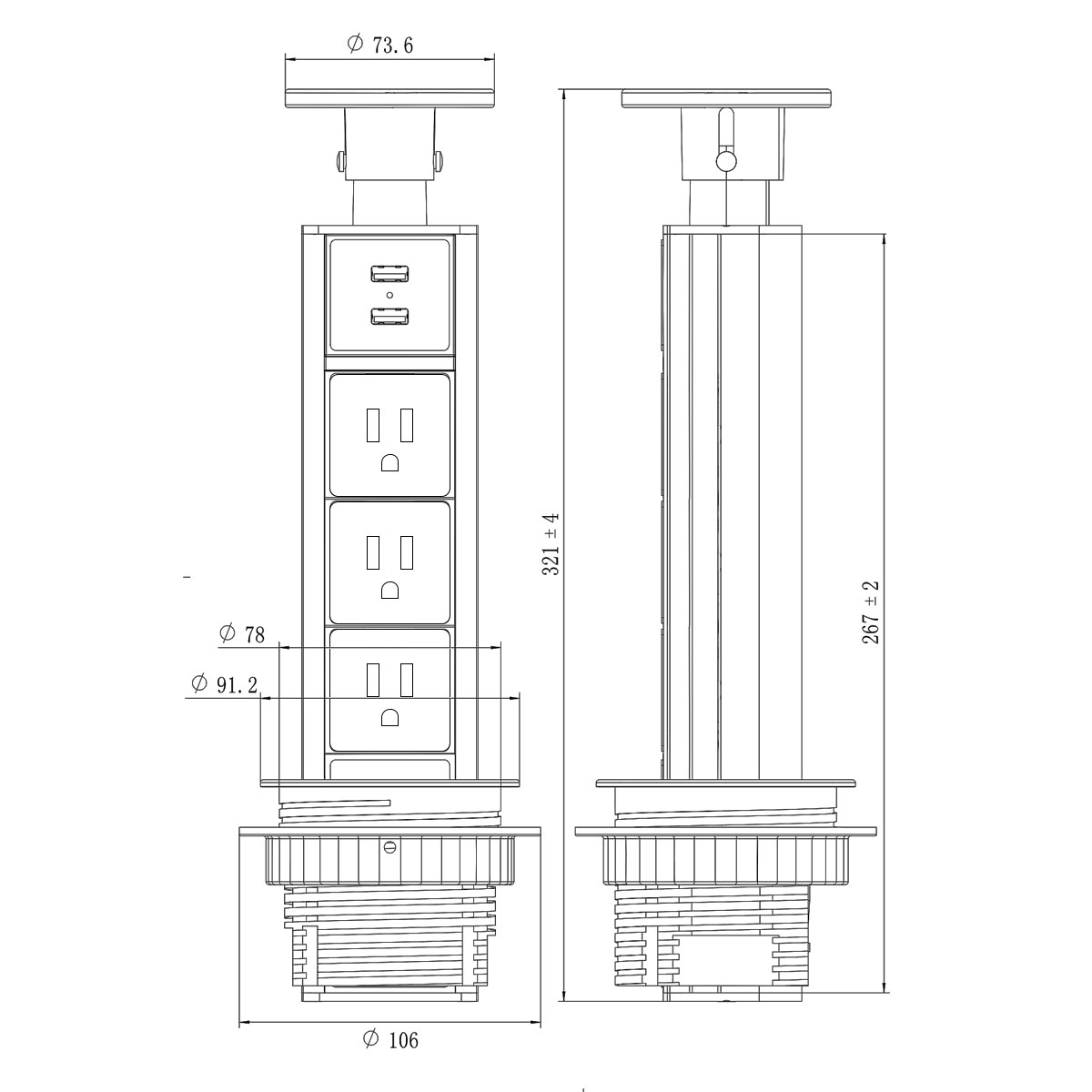 Multicontacto de torre TA 80, 3 sockets, 2 puertos USB A, color plata y negro