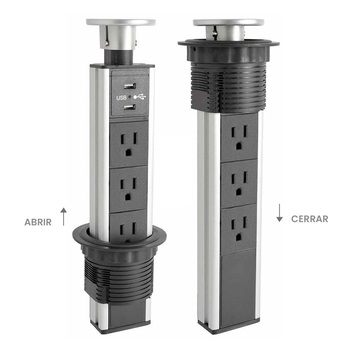 Multicontacto de torre TA 80, 3 sockets, 2 puertos USB A, color plata y negro