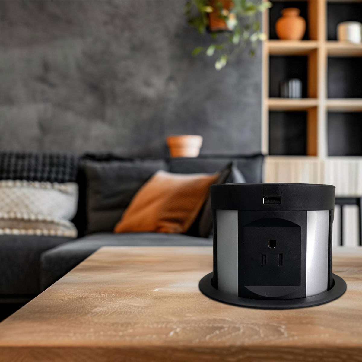 Multicontacto de torre TA 120, 4 sockets, 2 puertos USB A, 2 puertos de conexión CAT 6 y cargador por inducción, color negro