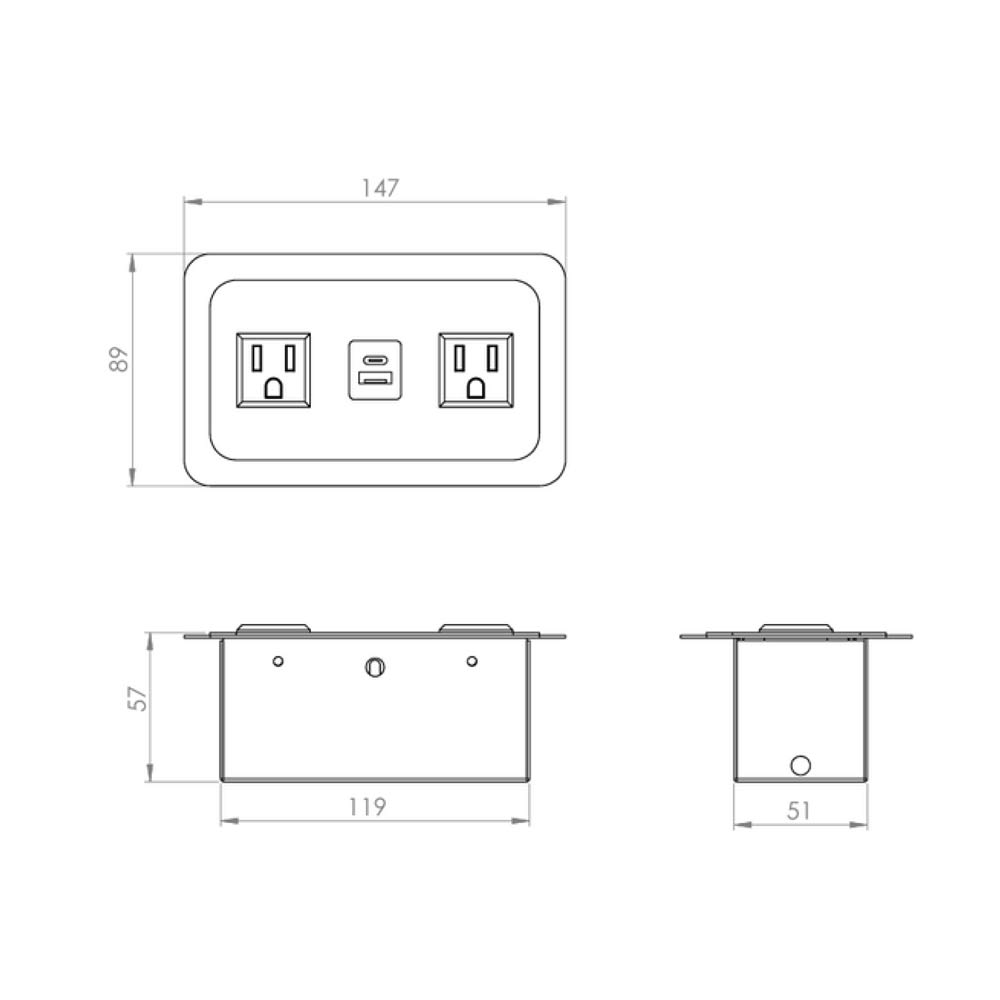 Multicontacto TOWN para embutir , 2 sockets, 1 puertos USB A-C, acabado inox con negro