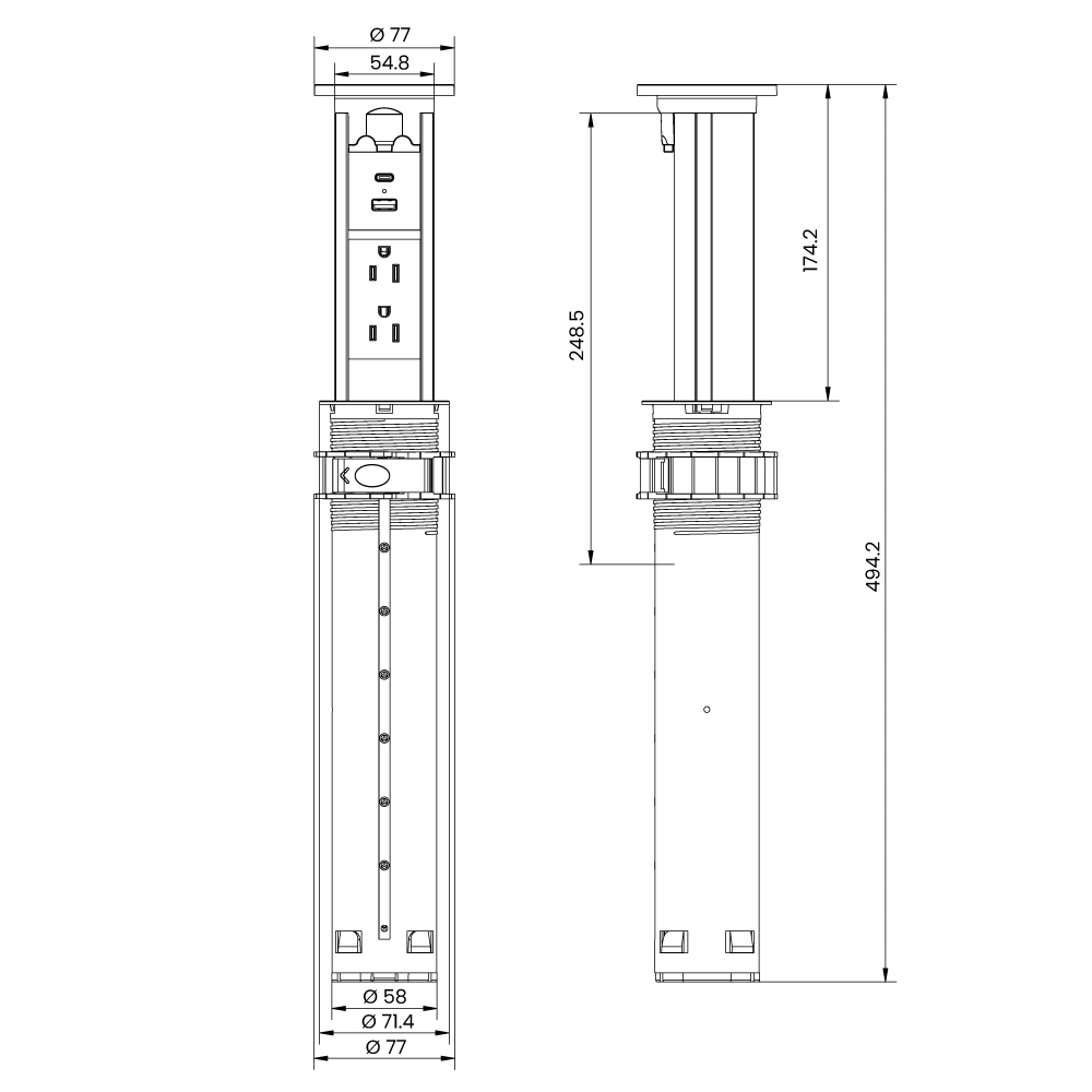 Multicontacto de torre motorizado TA 60, 2 sockets, 2 puertos USB A+C, color negro