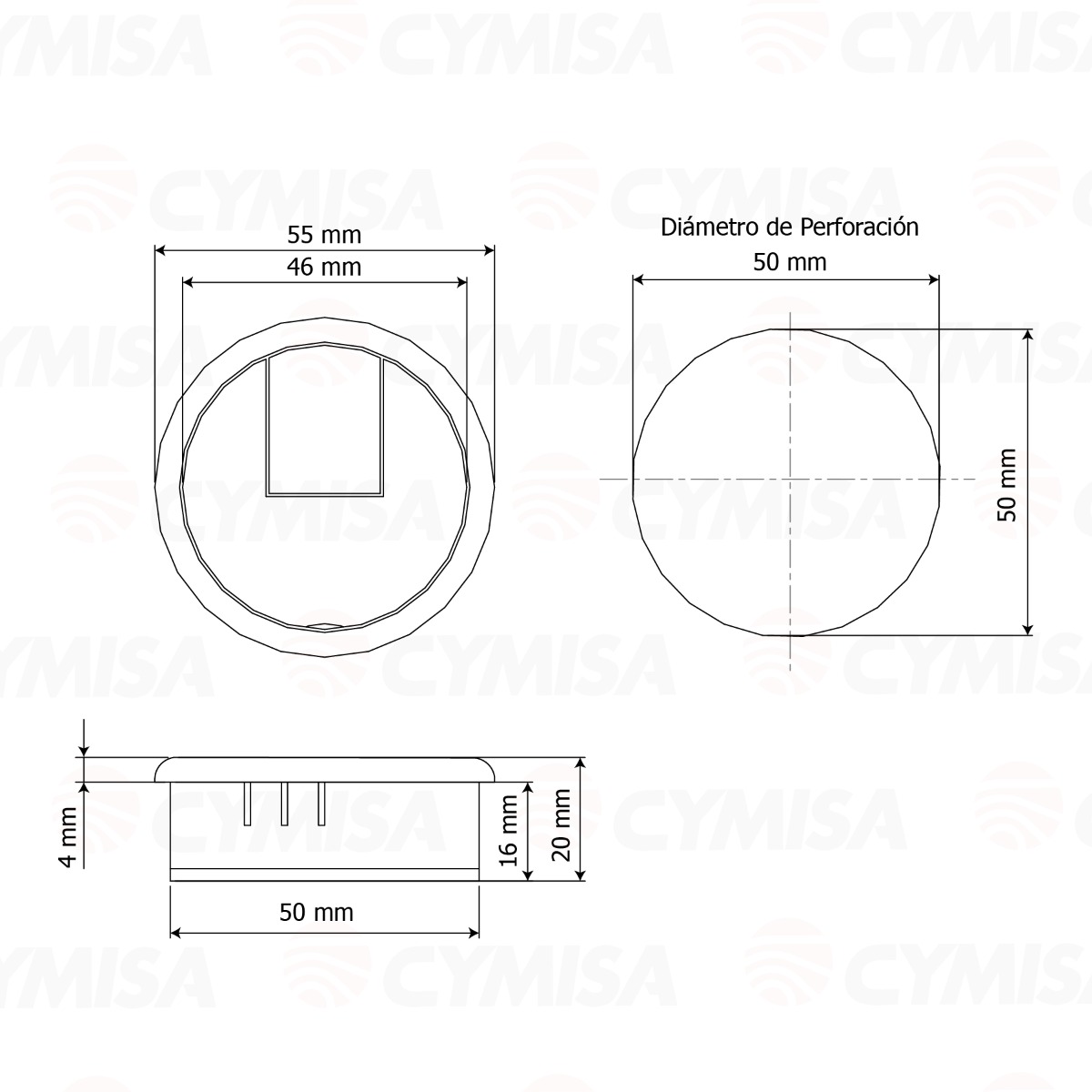 Pasacables de plástico para escritorio o mesa, de 55 mm x 20 mm x 50mm, color negro