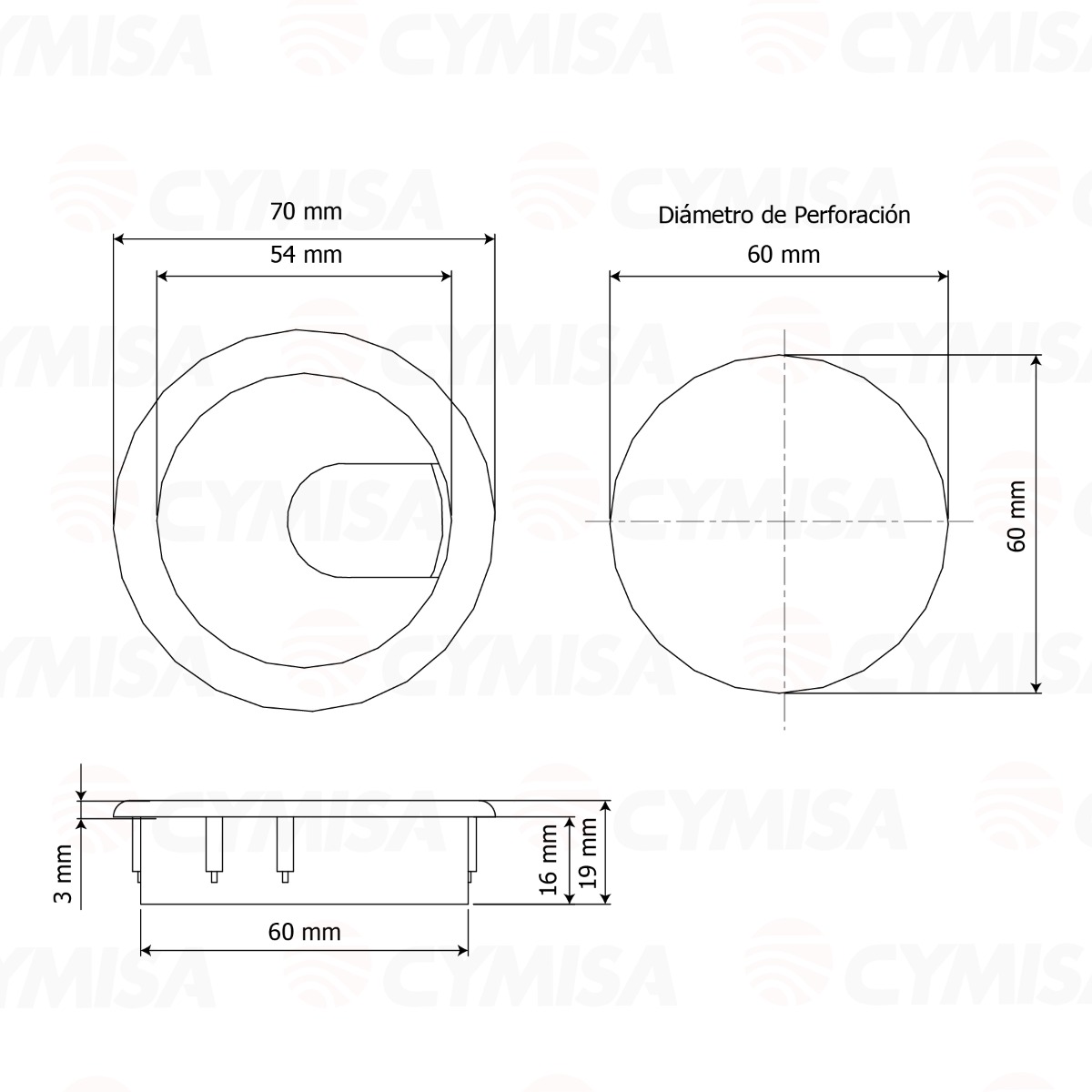 Pasacables hueco para mesa o escritorio, plástico 70 mm x 60 mm x 19 mm, color negro