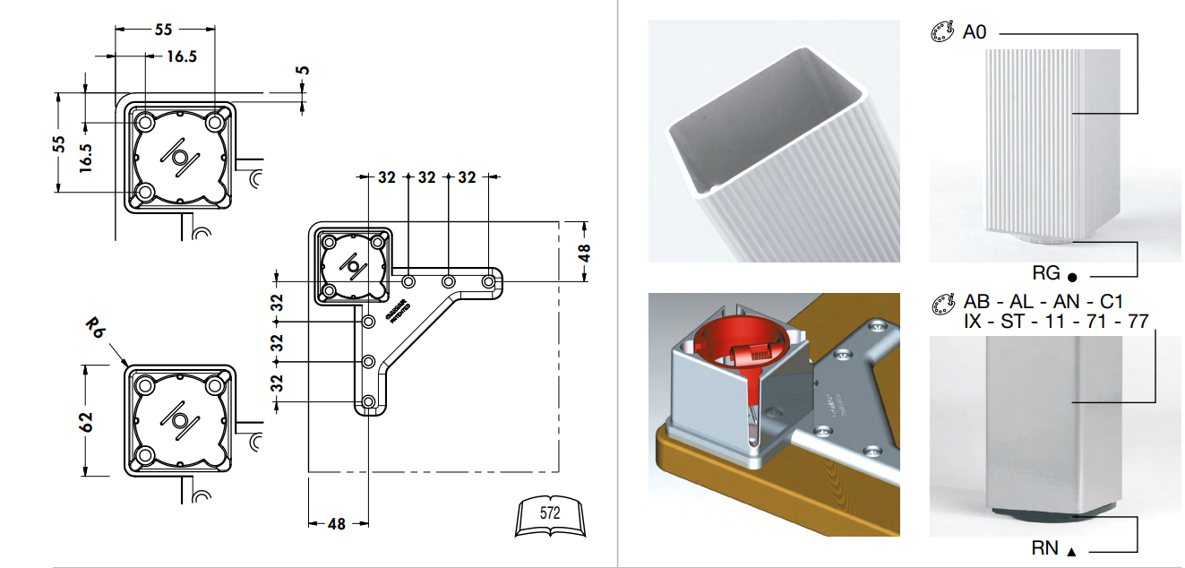 Juego de cuatro patas QUADRATA para mesa, altura de 70 cm, textura acanalada, acabado aluminio