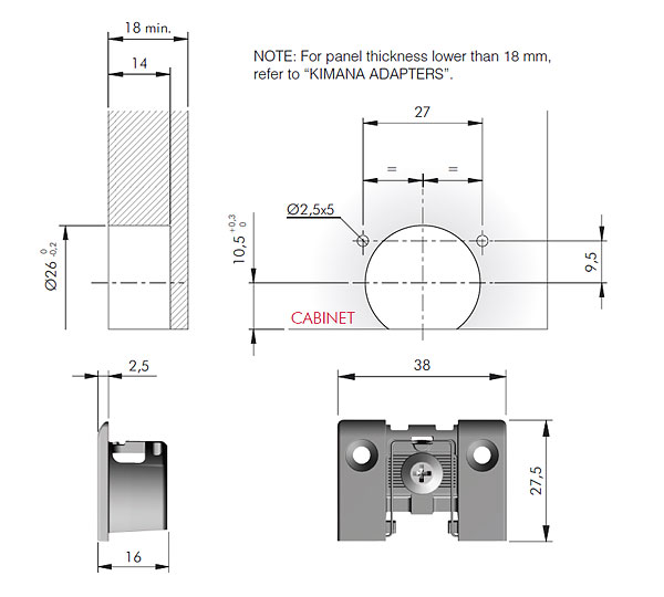 Bisagra KIMANA de 90º para puerta tipo secreter, color niquel negro