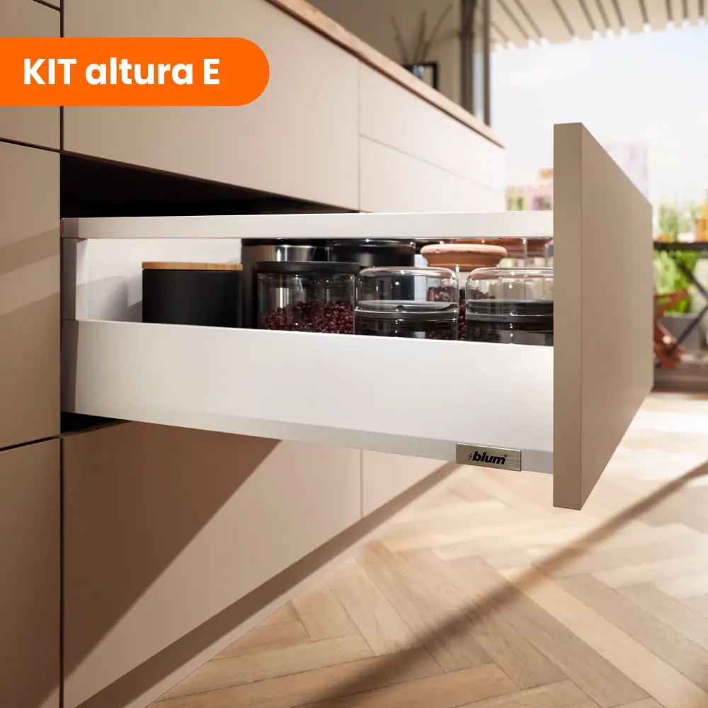 Kit MERIVOBOX cajón altura E con Galería blanco seda mate Blum