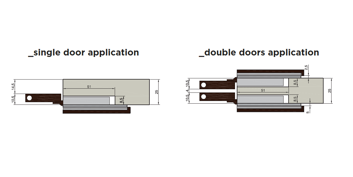 Bisagras Glix Wood  para material de 20-25 mm con cierre suave, pivotes y tapas, acabado Brown Metal Grey