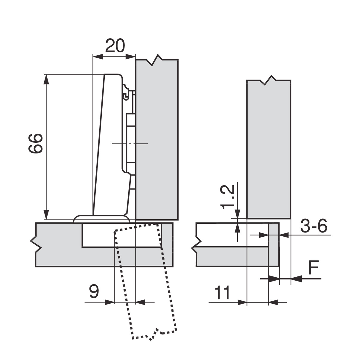 Bisagra CLIP 100° (cubrimiento total)