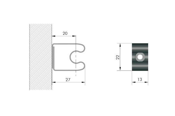 Elemento de fijación PLINTH CLIP para zoclos y traseras de mueble, de 20mm, acabado negro metalizado