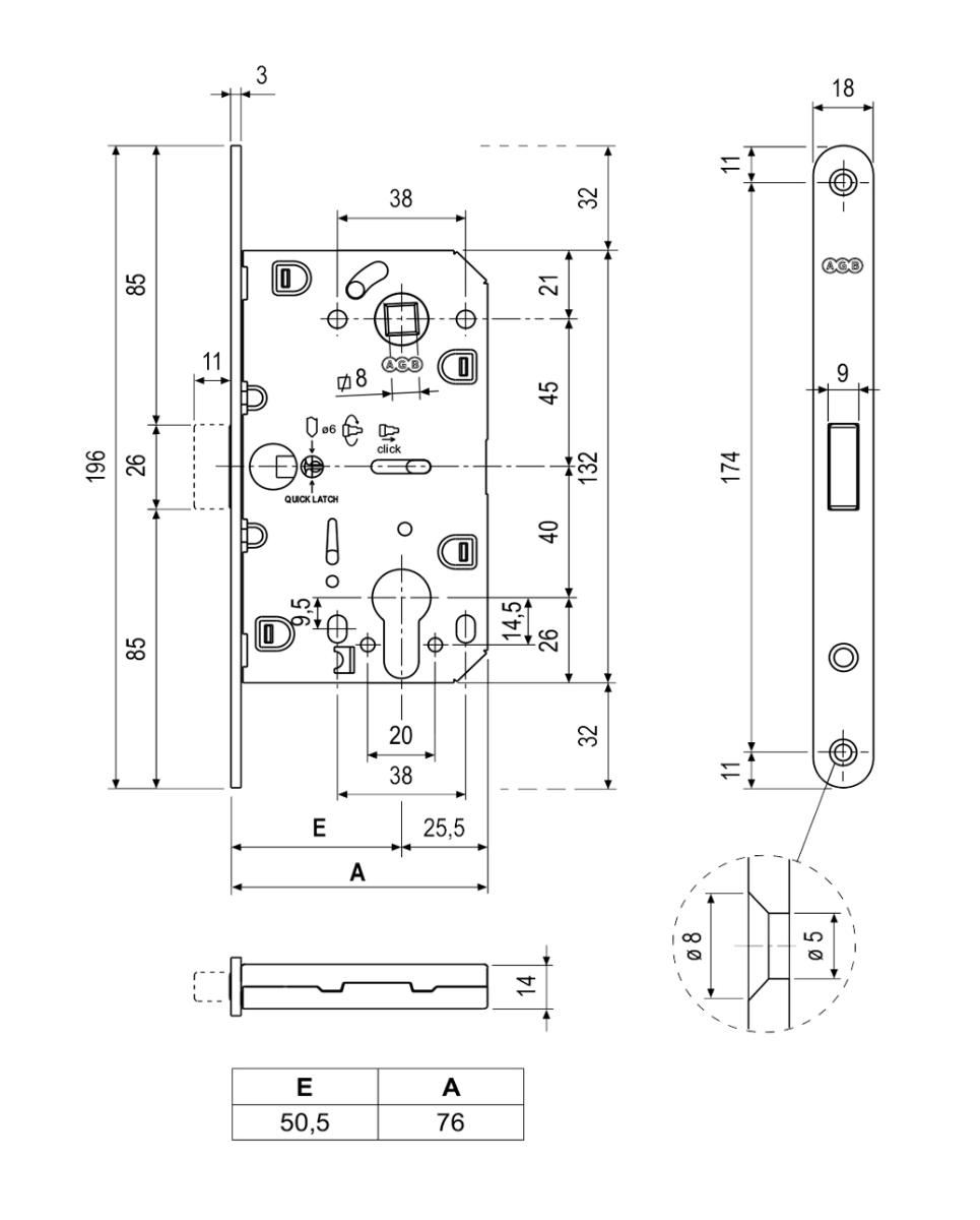 Cerraduras Magnéticas para embutir, modelo POLARIS 2XT función de recámara / baño