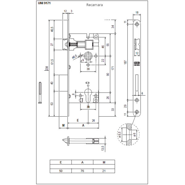 Mecanismo Patent Grande AGB para recámara, cantos redondos de 18 mm x 238 mm acabado níquel platedo