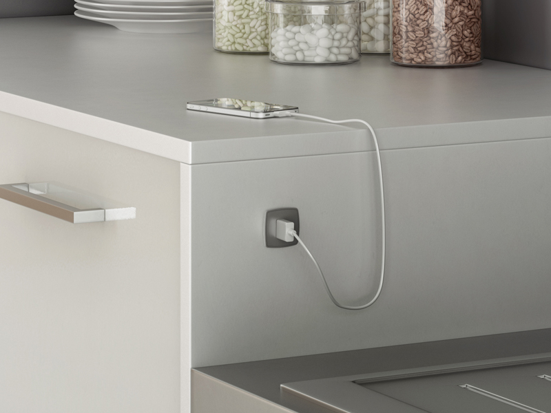 Mini USB SAMBA de carga con grommet para carga de dispositivos móviles, material ABS, acabado gris