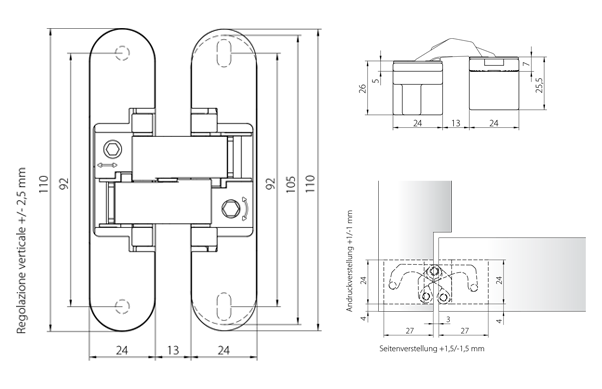 Bisagra oculta AN 140 3D para puerta de comunicación, capacidad de carga 40 kg por par