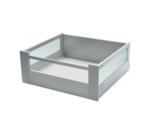 Cajón interno TANDEMBOX antaro con galería y elemento de inserción en metal, vidrio satinado y chapa de madera,  altura D, color gris