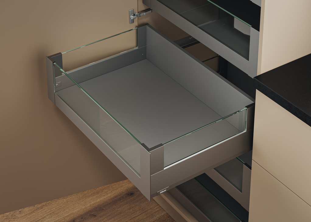 Cajón interior MERIVOBOX BOXCOVER y cristal frontal alto, altura E (192 mm), color gris orión mate