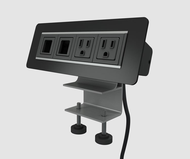 Multicontacto AXIL X para montaje sobre superficie, con 2 conexiones eléctricas y 2 puertos opcionales, acabado negro. Hasta agotar existencias.