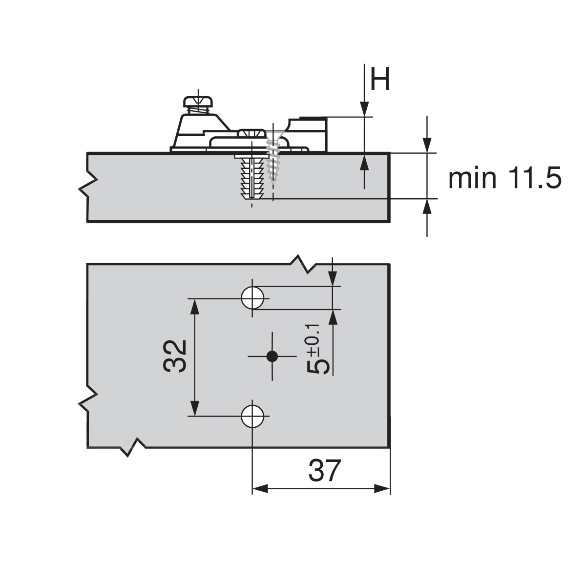 Placa de montaje en cruz para bisagra MODUL, altura 0mm, con taquete expansivo Ø5mm