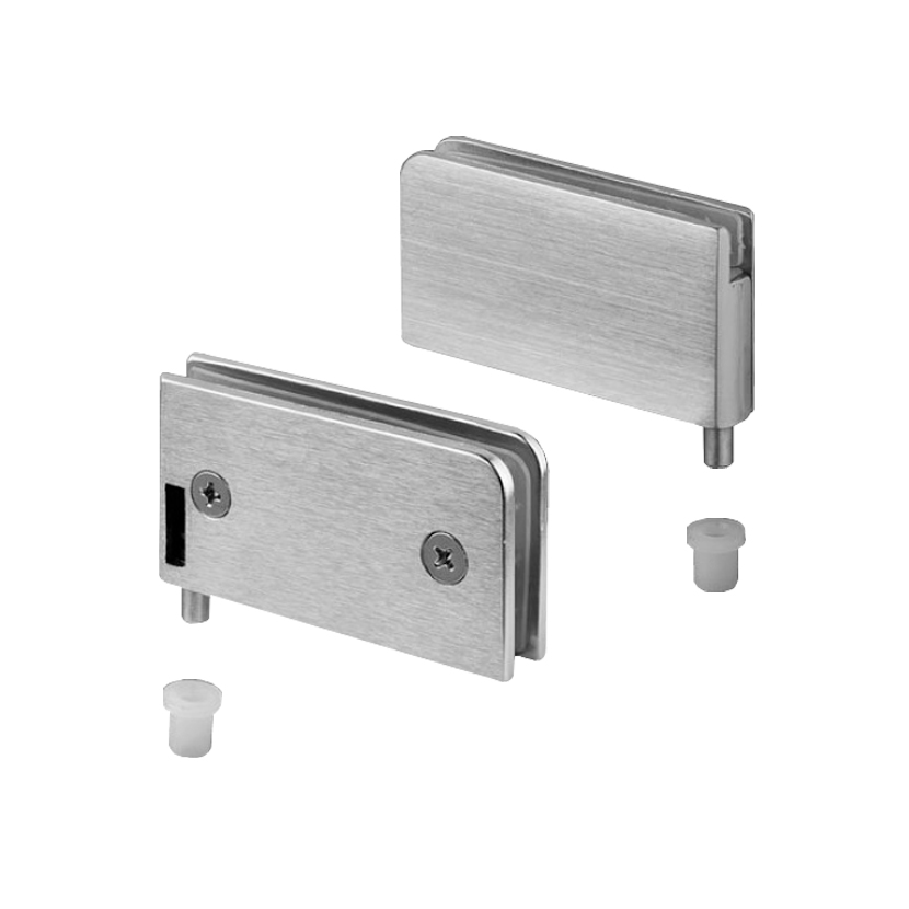 Bisagra de 90º para puerta de cristal de 6mm CON PERFORACIÓN, IZQUIERDA, cromo satinado.