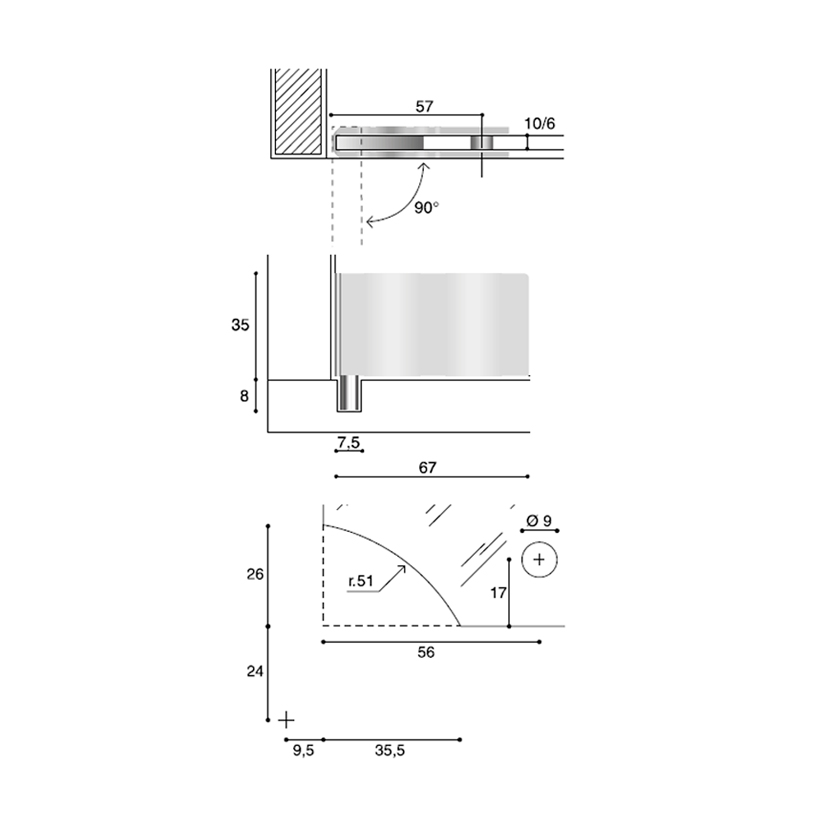 Bisagra de 90º para puerta de cristal de 6mm CON PERFORACIÓN, IZQUIERDA, cromo satinado.