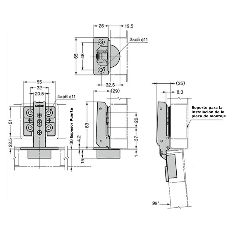 Bisagra J95 de alto rendimiento para puertas de madera, cubrimiento total