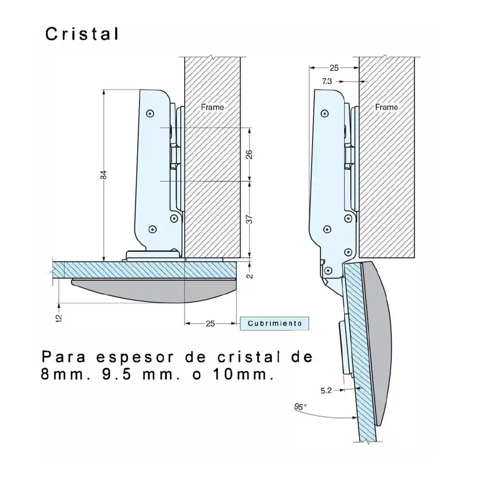 Bisagra J95 de alto rendimiento para puertas de vidrio, cubrimiento total