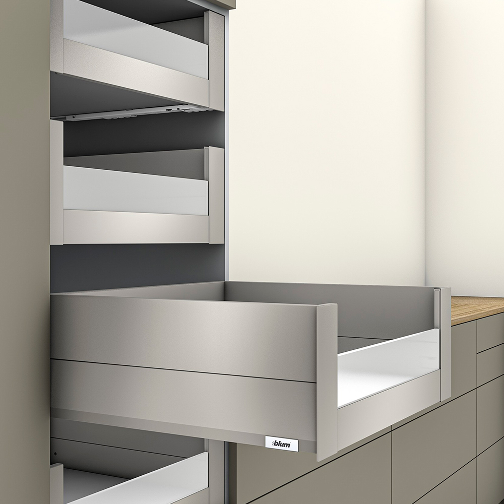 Cajón interior MERIVOBOX BOXCAP y cristal frontal bajo altura E (192 mm), color gris indium mate