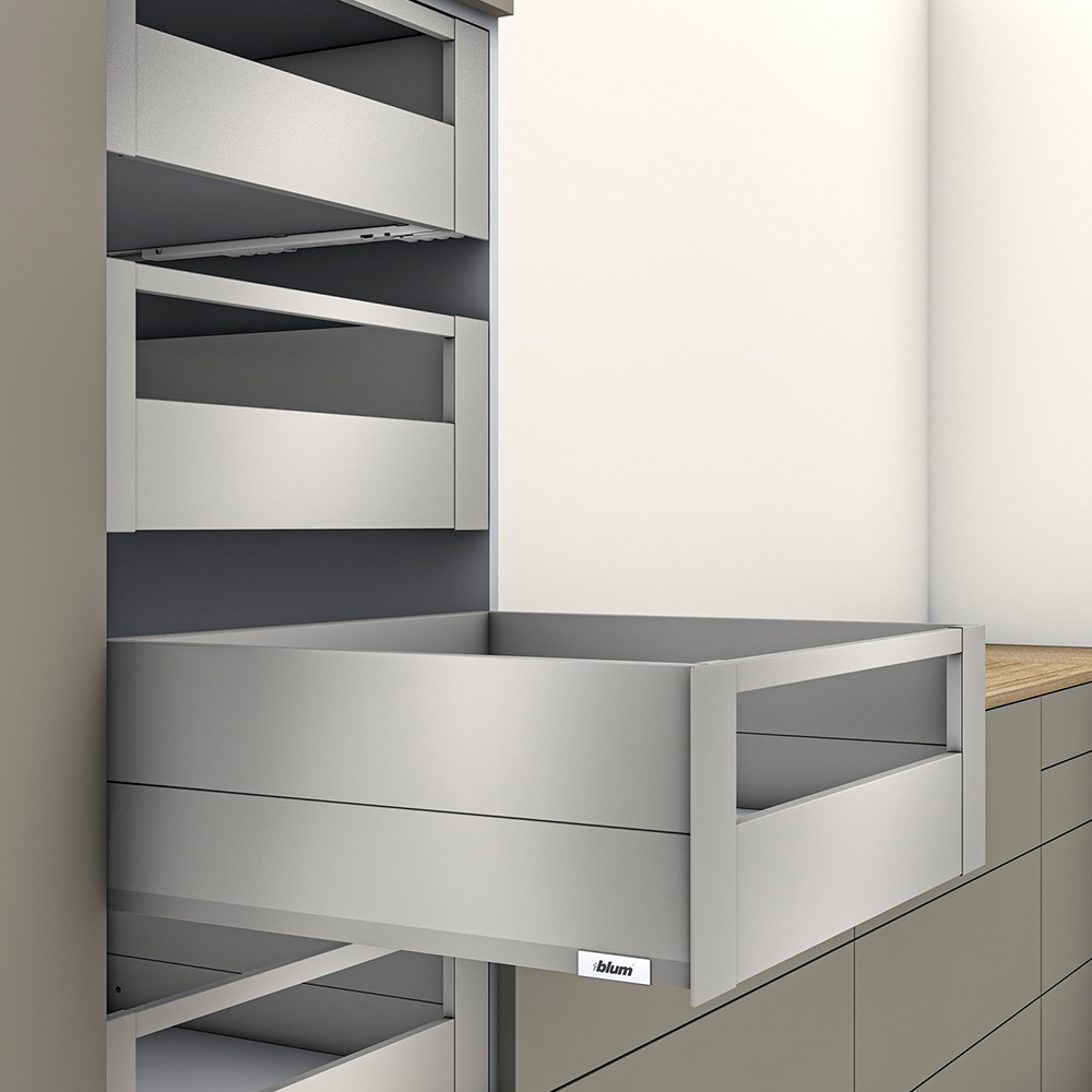 Cajón interior MERIVOBOX BOXCAP y galería frontal, altura E (192 mm), color gris indium mate