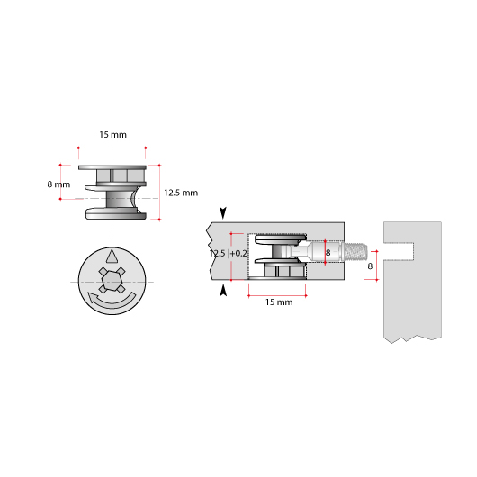 Caja excéntrica PADOVA para unión de paneles de madera de 16 mm, acabado zinc