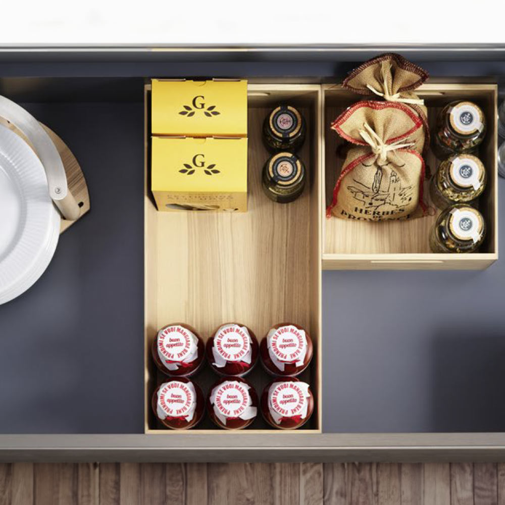 Caja rectangular LINIQ de encino blanco, para organización de cajones de cocina