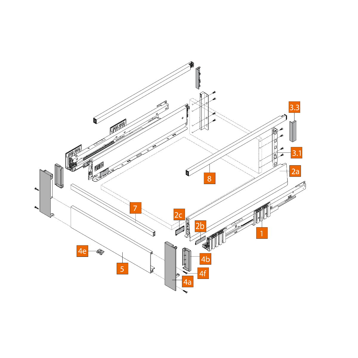 Cajón interior MERIVOBOX con galería y galería frontal, altura E (192 mm), color gris indium mate