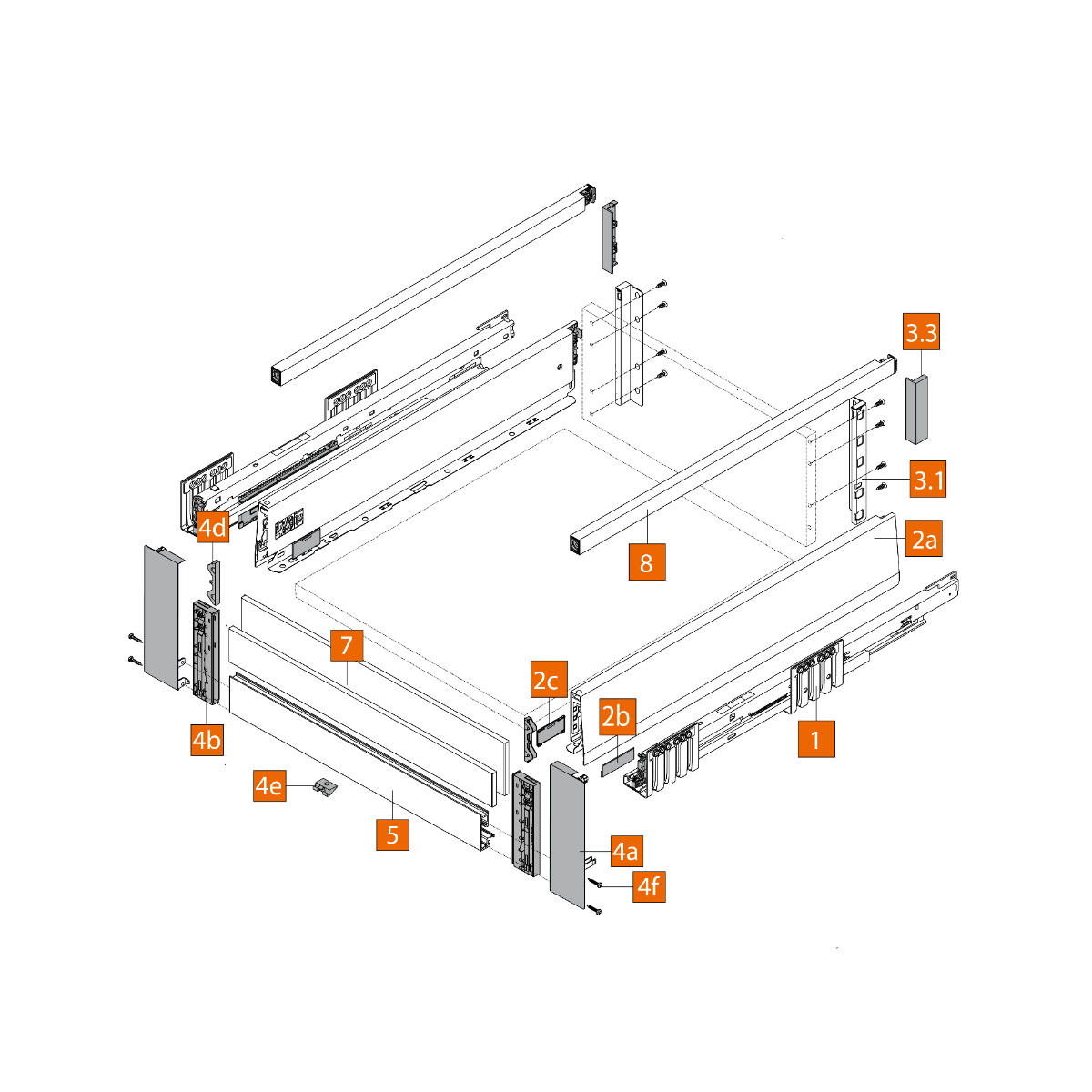 Cajon interior MERIVOBOX con Galería y cristal frontal alto, altura E (192 mm), color gris indium mate