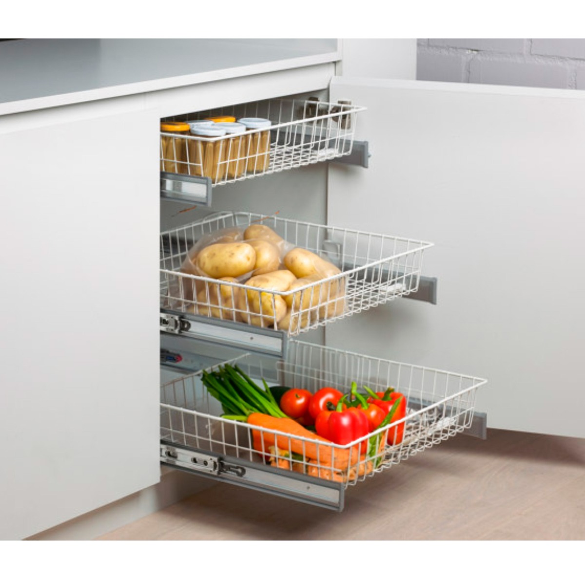 Canastilla extraíble con cierre suave, para mueble de 600mm, acabado blanco