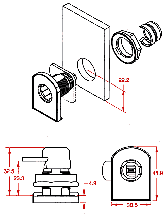 Cilindro CB-317 para puerta de vidrio de 6 a 12mm, profundidad del pestillo 23.3mm, long. 22.2mm.