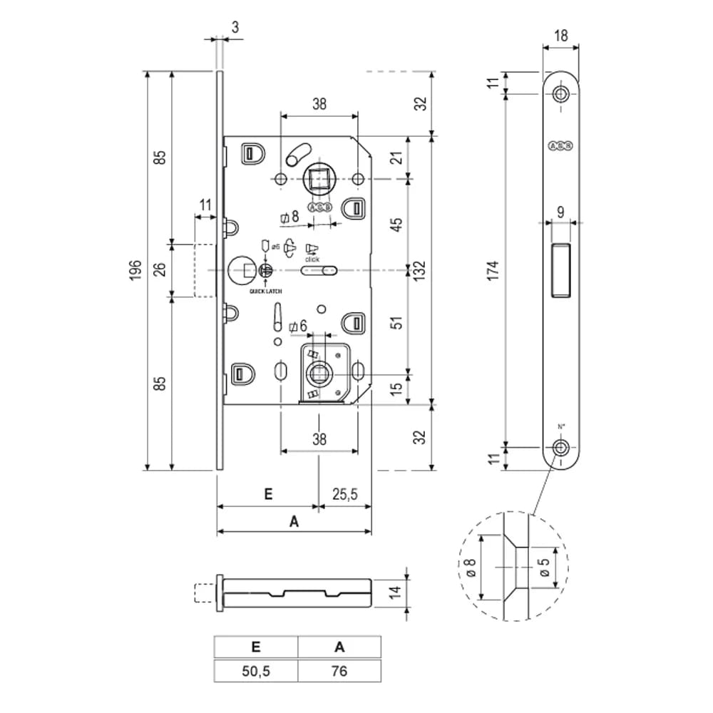 Cerradura Magnética para puerta de baño, modelo POLARIS 2XT, acabado latón